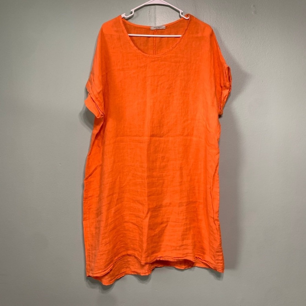 Viola Borghi Womens 1X Tunic Dress Shift Orange Linen Made in Italy Short Sleeve